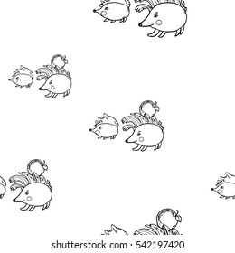 White seamless pattern with funny hedgehogs with curly hairstyle. Cute hedgehog with apple on the head. Animals characters illustration for kids prints, fabric, clothes, wrapping paper, design.