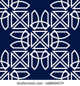 White seamless pattern. Geometric design on dark blue background. Vector illustration