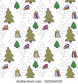 White seamless pattern with green Christmas tree lines and doodle stars. Seamless background. Winter texture, textiles, children cute wallpaper. Digital scrapbooking paper for kids.