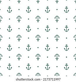 White seamless pattern with green  dots and anchors.