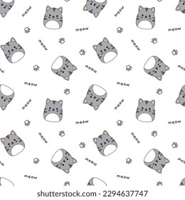 White seamless pattern with grey kawaii kitties. Squishmallow. Grey kitties. Kawaii, Vector. Isolated vector illustration eps 10