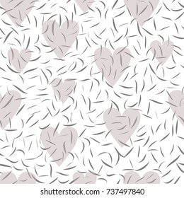 White seamless pattern with grey leaves and transparency hearts. Tender light  background or wrapping paper. Element for your design.