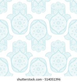 White seamless pattern with hamsa. Blue palm ornamented in mihendi style.