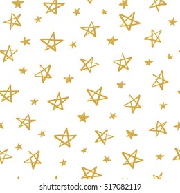 White seamless pattern with hand drawn golden stars.
