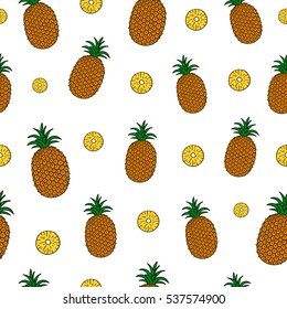 White seamless pattern with hand drawn pineapples.
