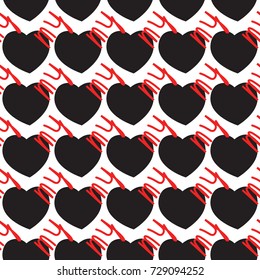White seamless pattern with hearts and red inscription.