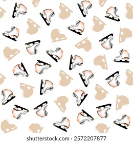 White seamless pattern with white ice skates and skate silhouettes. Winter active sports and recreation. Vector illustration.