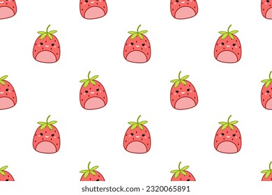 White seamless pattern with kawaii strawberries. Squishmallow. Strawberry. Kawaii, Vector. Isolated vector illustration eps 10