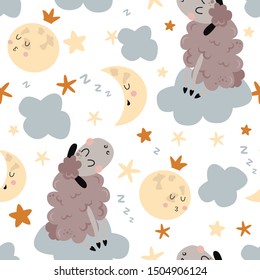 white seamless pattern with a lamb on a cloud - vector illustration, eps