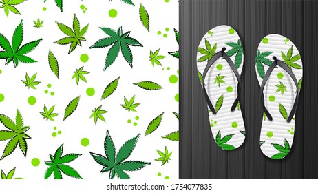 White seamless pattern with leaves of cannabis. Eco pattern ready to print in cartoon style. Pattern design for printing on flip-flops. Visualization of flip-flops design