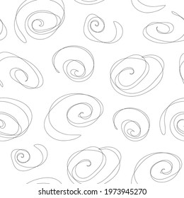 White seamless pattern in line art style, with black thin curl. White texture with chaotic thin black spiral lines. Abstract background, minimalist wallpaper, simple print for fabric, hand drawn style