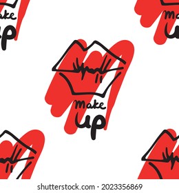 White seamless pattern with lips and the lettering Make up. Abstract red background smeared with lipstick. Hand drawn icon and symbol for print, wrapping paper, for packing paper, card design.