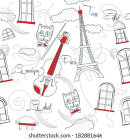 White seamless pattern with music and city