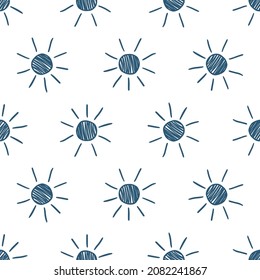 White seamless pattern with navy hand drawn sun.