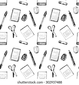White seamless pattern with notebooks,  scissors, rubber, sharpener; eraser, pen and pencil