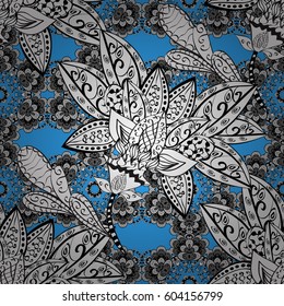 White seamless pattern on blue background with white floral elements. For your design, wallpaper. White color seamless illustration. Vector geometric background.