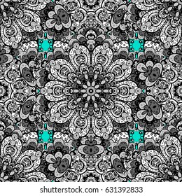 White seamless pattern on blue background with white elements. Seamless vintage pattern on blue background with whiteen elements. Christmas, snowflake, new year.