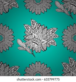 White seamless pattern on blue background with white floral elements. For your design, wallpaper. Vector geometric background. White color seamless illustration.