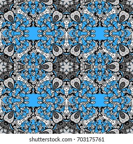 White seamless pattern on blue background with white elements. Vector illustration. Seamless damask classic white pattern. Vector abstract background with repeating elements.