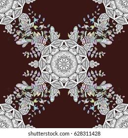 White seamless pattern on brown background with white elements. Seamless vintage pattern on brown background with whiteen elements. Christmas, snowflake, new year.