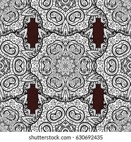 White seamless pattern on brown background with white floral elements. For your design, wallpaper. White color seamless illustration. Vector geometric background.