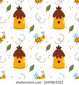 White seamless pattern ontheme of honey and beekeeping. Background for sewing clothes or printing on fabric. beehive and bee.