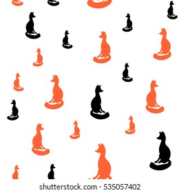 White seamless pattern with orange and black foxes. Silhouettes mix. Forest animals contour illustrations. Nature. Hand drawn. Foxy for prints, cards, clothes, designs, fabric.