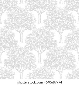 White seamless pattern with orange trees. Hand drawn vector illustration. Retro style.