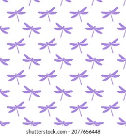 White seamless pattern with pastel purple dragonflies. Cute and childish design for fabric, textile, wallpaper, bedding, swaddles toys or gender-neutral apparel.