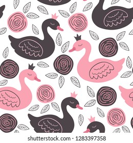 white seamless pattern with pink and black princess swan  - vector illustration, eps