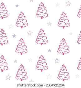 Patrón blanco sin fisuras con líneas de árbol de Navidad rosadas y estrellas de doodle. Textura de invierno, textiles, papel pintado para niños.