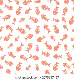 White seamless pattern with pink fish bones.