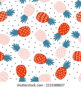 White seamless pattern with pink and orange pineapple.