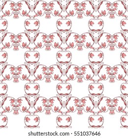 White seamless pattern with pink ornaments in vintage style with butterfly and bellflowers. Print for wallpaper, textile, covers, invitations, cards, wrapping paper, wedding, scrapbooking. 