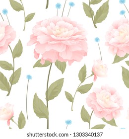 White seamless pattern with pink peonies, flower bouquets