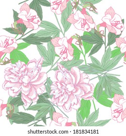 White Seamless pattern  with pink peonies and flowers