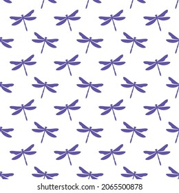 White seamless pattern with purple dragonflies. Cute and childish design for fabric, textile, wallpaper, bedding, swaddles toys or gender-neutral apparel.