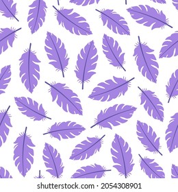 White seamless pattern with purple flamingo feathers.