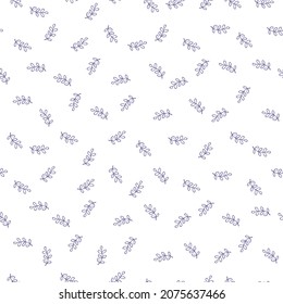 White seamless pattern with purple flower leaves.