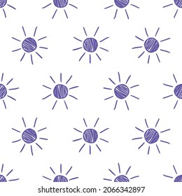 White seamless pattern with purple hand drawn sun.