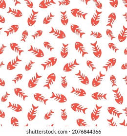 White seamless pattern with red fish bones.