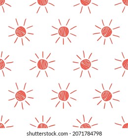 White seamless pattern with red hand drawn sun.