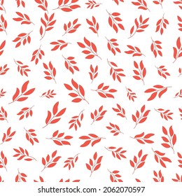 White seamless pattern with red leaves.