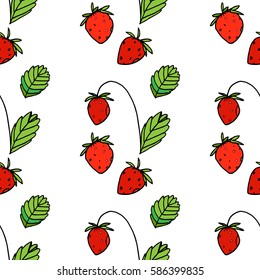 White seamless pattern with red strawberries with green leaves for prints, fashion, clothes, design, textile, scrapbooking, menu, kids room, interior posters, wallpapers, invitations, cards, curtains