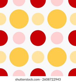White seamless pattern with red, yellow and pink circles.