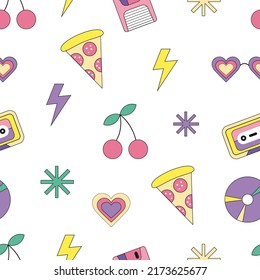 White Seamless Pattern With Retro Elements In 1990s Style. Bright Vector Wallpaper Stickers Positive. Colorful Wallpaper, Textile Or Surface Design