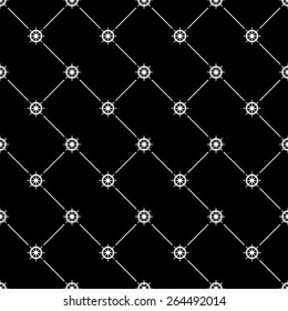 White seamless pattern with ships wheel symbol on black, 10eps.