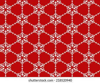 White seamless pattern of snowflakes on a red background