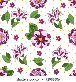 White Seamless pattern with spring flowers. Cover, background. Violet and green colors. Spots