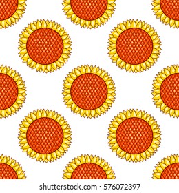White seamless pattern with sunflowers. Vector background.